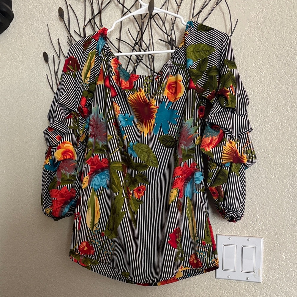 Colorful Floral Striped Blouse